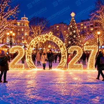 Светодиодные цифры 2027 с аркой Звезды золото